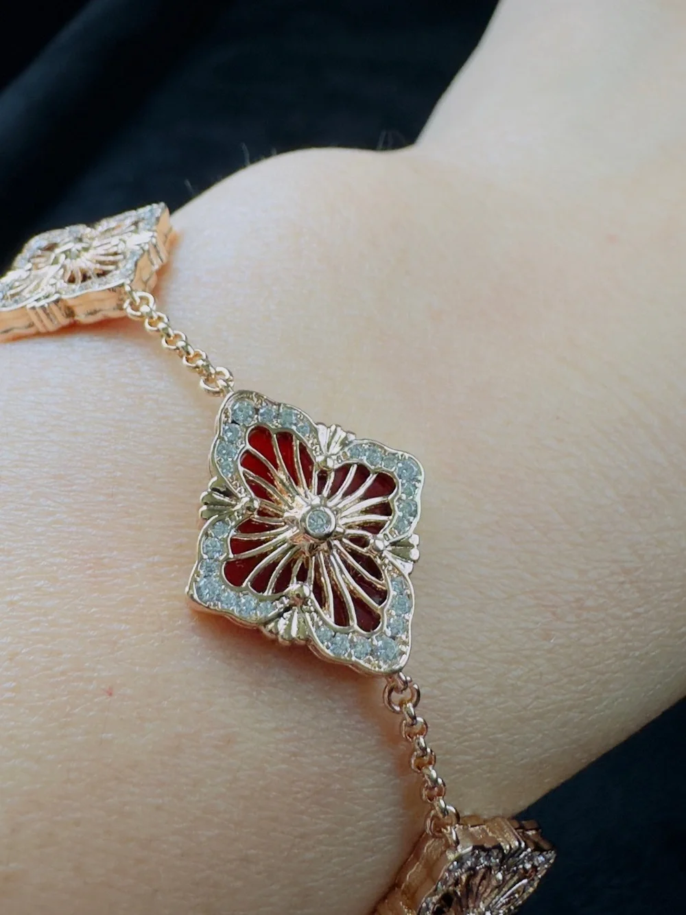 Elegant Rose Gold Floral Filigree Square-Link Bracelet— Red